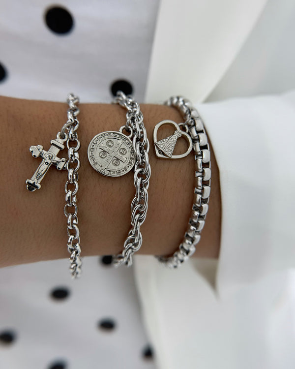 Kit Três pulseiras, São Bento, Cruz com Jesus Cristo e Aparecida