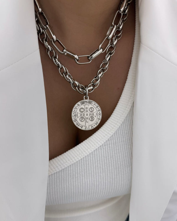 Conjunto Colar Corrente Cadeado Colar Corrente Baiana São Bento Prata CJ22170