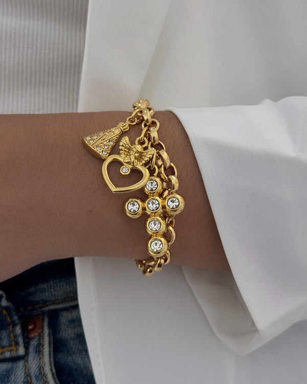 Pulseira Dourada Nossa Senhora Aparecida Anjo da Guarda Cruz PU2216