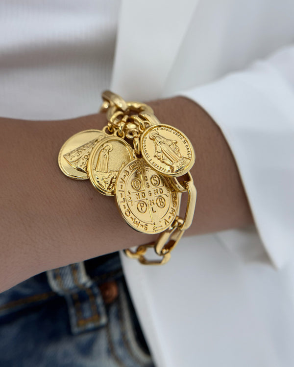 Pulseira Católica Elos 4 Pingentes - Nossa Senhora e São Bento PU2243