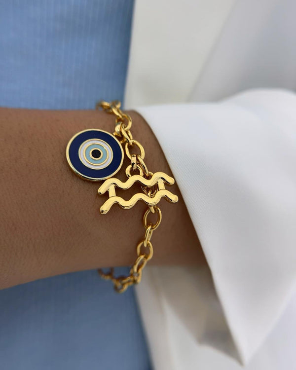 Pulseira Dourada Ajustável Olho Grego e Signo de Aquário PU2218