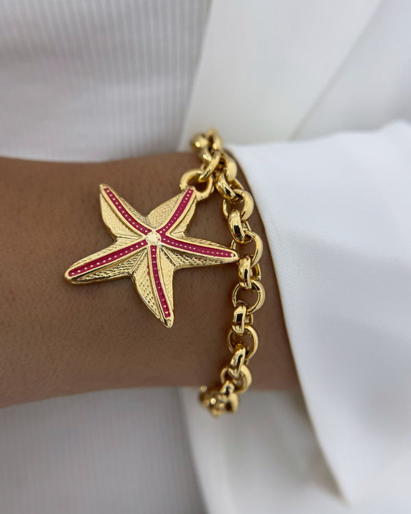 Pulseira Elo Português Dourada Pingente Estrela-do-Mar Pink PU2268