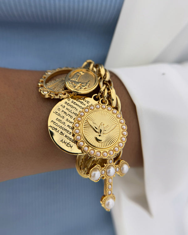 Pulseira 6 Pingentes Nossa Senhora Cruz Ave Maria Espírito Santo PU2290
