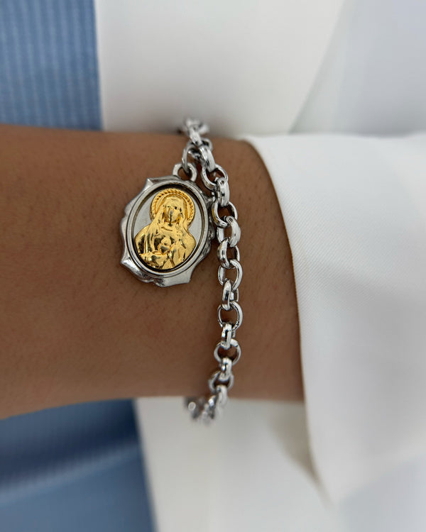 Pulseira Ajustável Prata Elo Português Imaculado Coração de Maria PU024