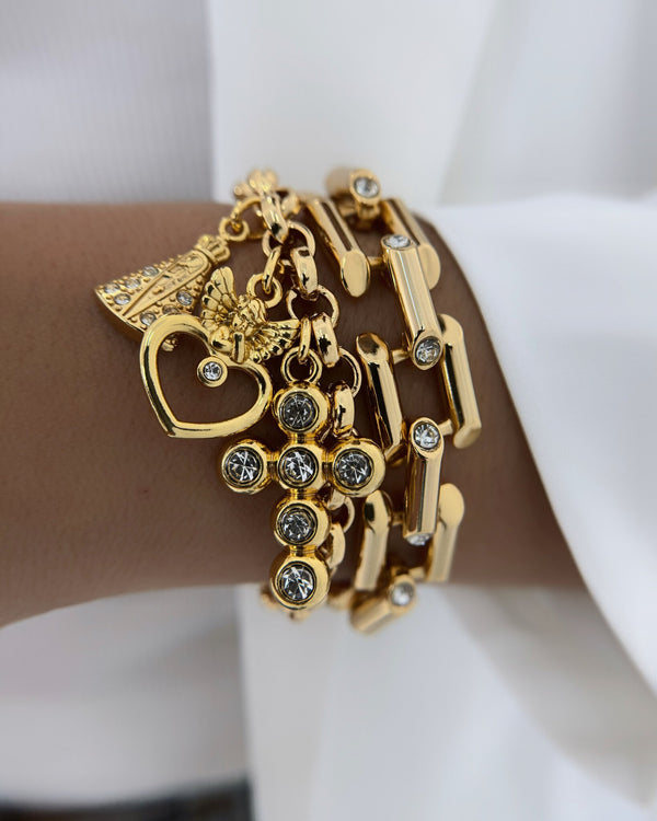 Conjunto Pulseira Três Pingentes Pulseira Dourada Elos Retangulares