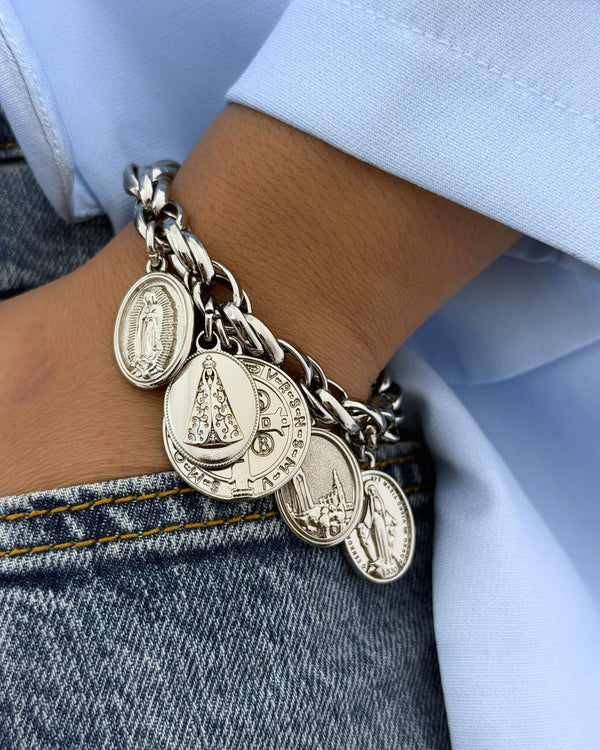 Pulseira Baiana 5 Medalhas Católicas Prata  - São Bento e Nossa Senhora PU2213