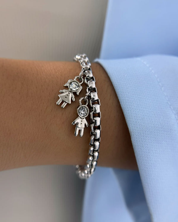 Pulseira Prata Corrente Veneziana Pingente 2 Filhos PU22163