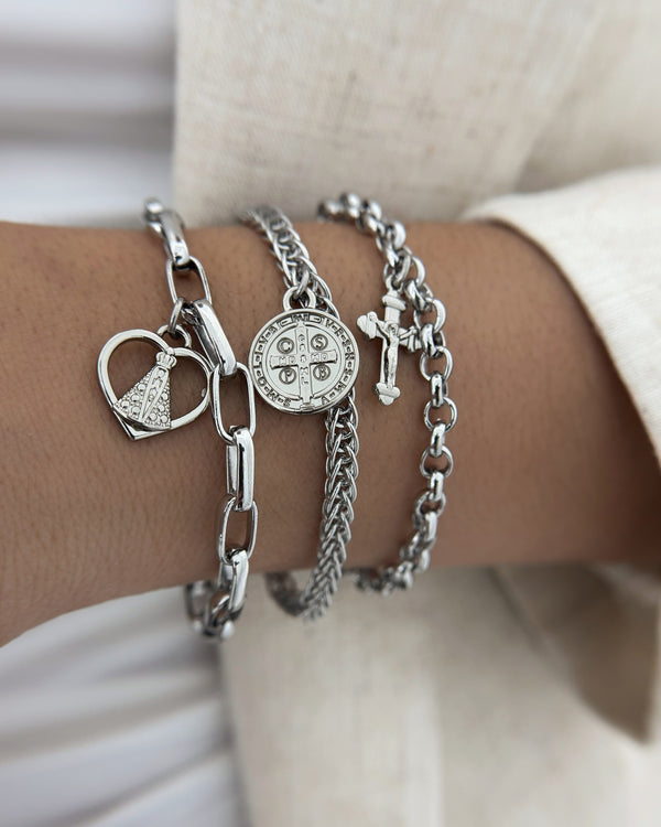 Kit Três pulseiras, São Bento, Cruz com Jesus Cristo e Aparecida