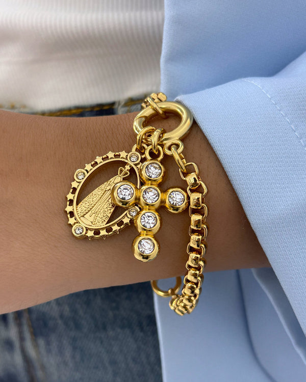 Pulseira Veneziana Dourada Nossa Senhora e Cruz  PU2293