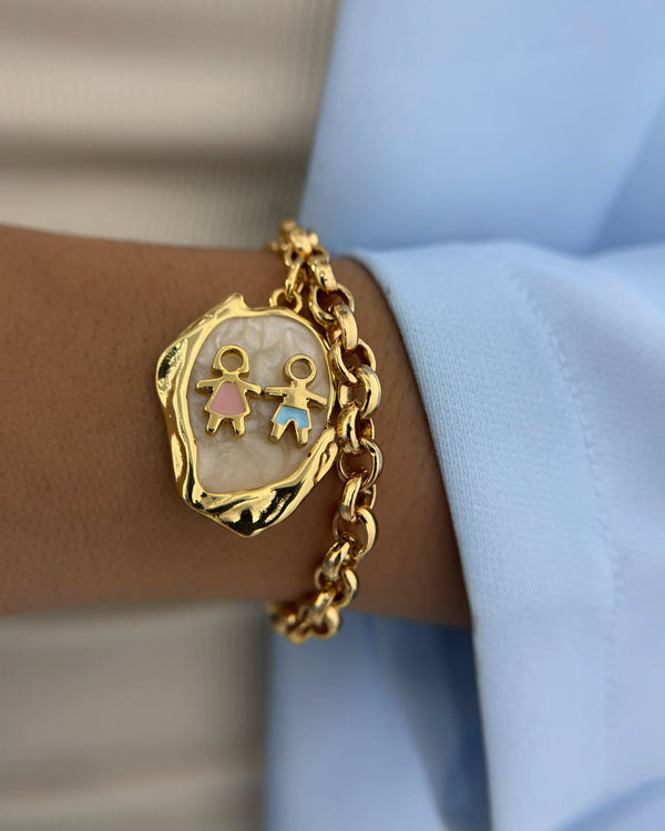 Pulseira Elo Português Dourada Placa Madrepérola 2 Filhos PU22160