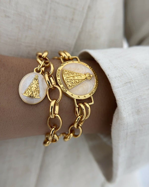 Kit Pulseiras Nossa Senhora Aparecida Madrepérola Dourado