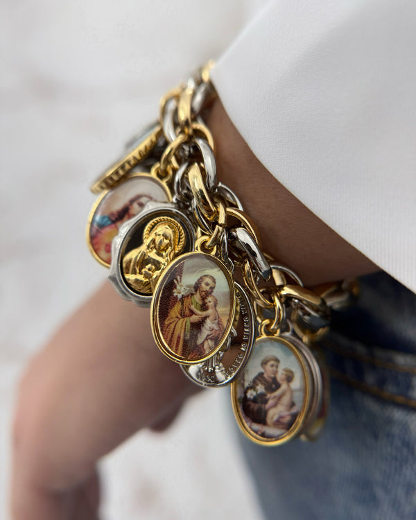 Pulseira Católica 13 medalhas - Nossa Senhora, Sagrado Coração de Jesus e Santos PU2240