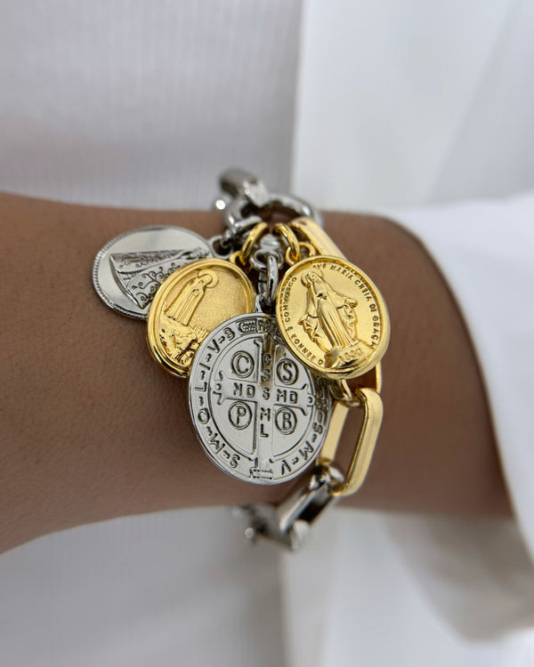 Pulseira Católica Elos 4 Pingentes - Nossa Senhora e São Bento PU2242