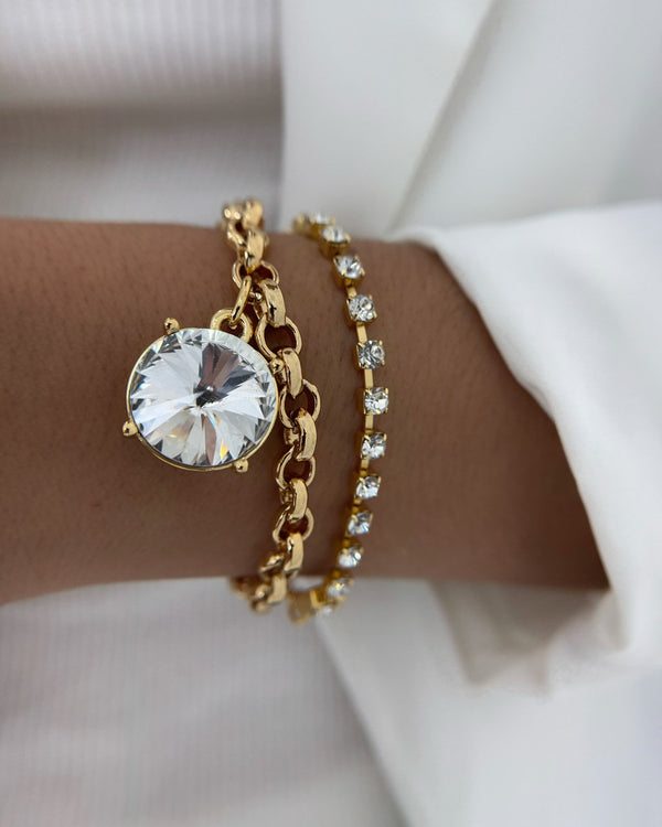 Conjunto de Pulseira Dourada de Elos Português com Ponto de Luz e Pulseira Dourada com Strass CJ22123