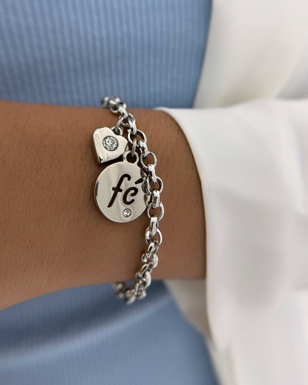 Pulseira Elo Português Pingente Fé e Coração PU2229