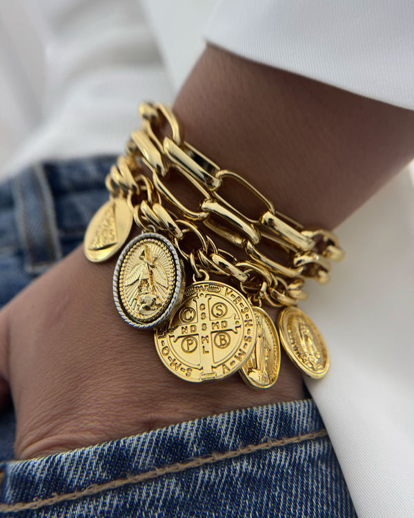 Conjunto Pulseira Medalhas Católicas Pulseira Dupla Cadeado CJ22150