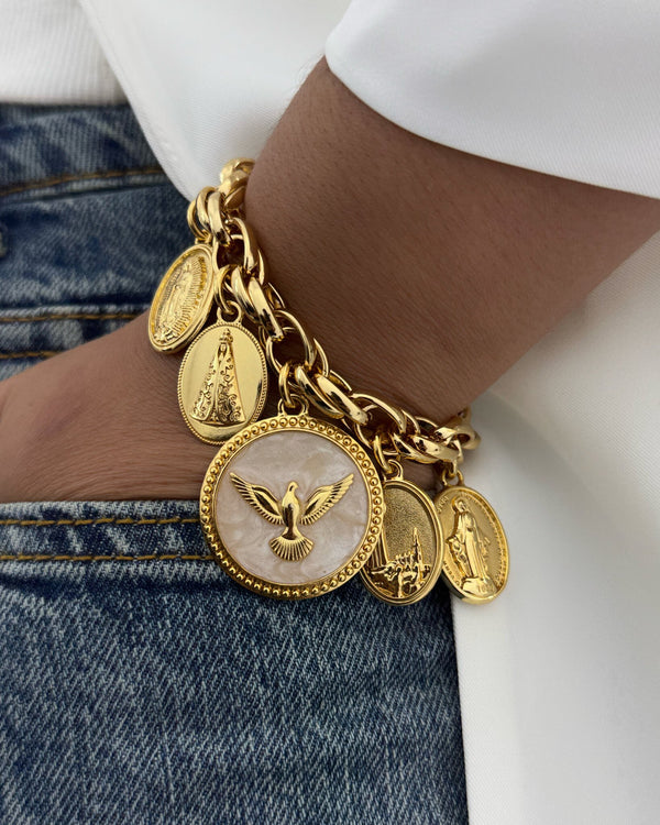 Pulseira Baiana 5 Medalhas Católicas - Espirito Santo e Nossa Senhora de Guadalupe, Aparecida, de Fátima e Graças