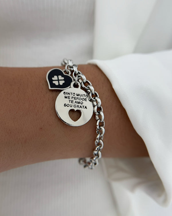Pulseira Elo Português Pingente Trevo Hoponopono Prata PU2227