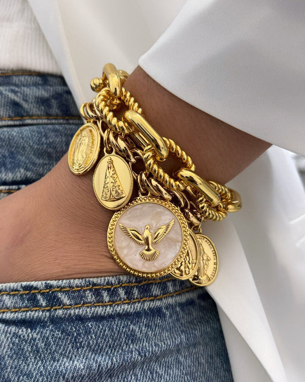 Conjunto Dourado Pulseira Medalhas Pulseira Elos Detalhados CJ22120